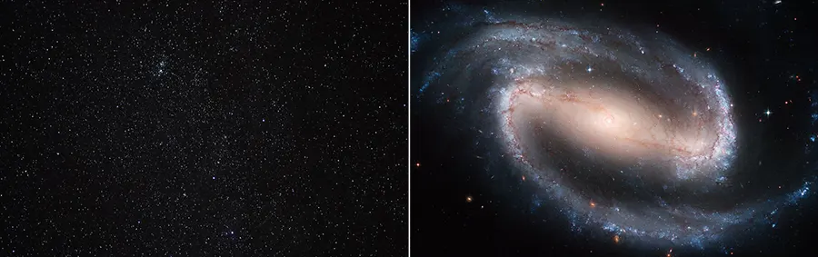 Stars seen from Earth and a picture of a spiral galaxy
